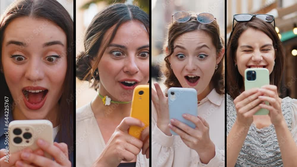 Collage of diversity smiling happy female girls people portraits. Women using mobile smartphone celebrating win good message news, lottery jackpot play victory game city street outdoors. Lifestyles
