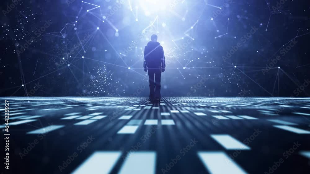 Futuristic digital road with a standing man loop animation. Concept people in cyberspace.