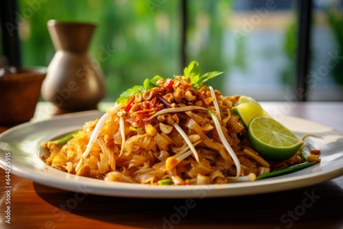 a delicious dish of typical pad thai on a table in a thai restaurant