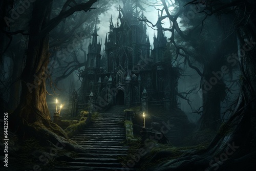 Eerie castle hidden within a mystical forest. Generative AI
