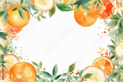 Vibrant orange watercolor frame adorned with citrus fruit, ideal for summer events like weddings and cards. Generative AI