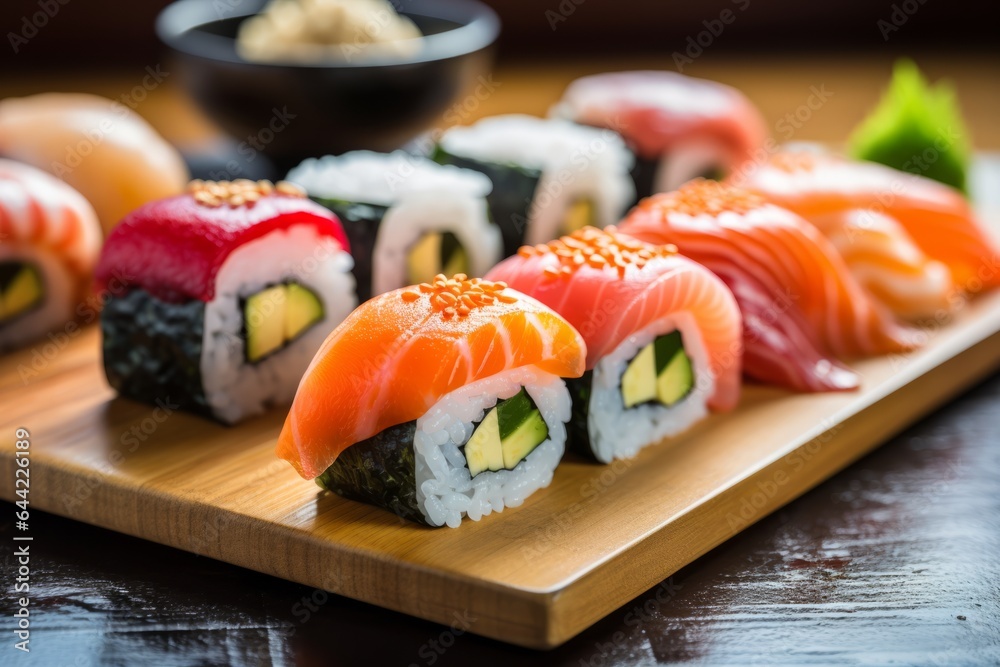 a set of tasty sushi on a table in a japanese restaurant (blurred background) a set of tasty sushi on a table in a japanese restaurant (blurred background)