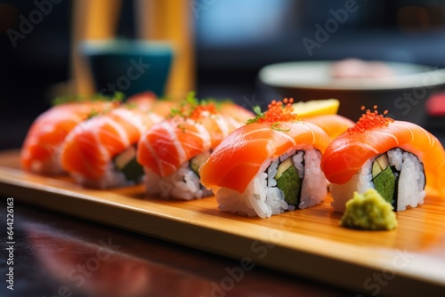 a set of tasty sushi on a table in a japanese restaurant (blurred background)