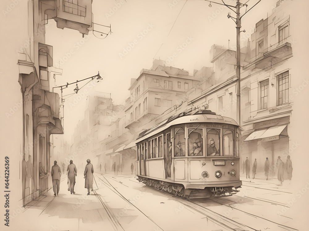 Fantastic street of old Istanbul with an old tram, people and an oriental bazaar. A sketch in the graphic style of wet ink.