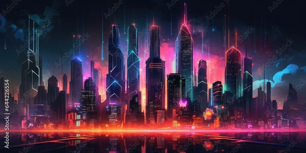 city skyline cyberpunk neon on dark background. beautiful Generative AI AIG32