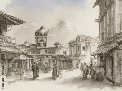 Fantastic Streets of old Istanbul with people and an oriental bazaar. Sketch in the graphic style of wet ink.