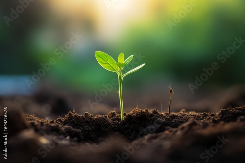 a green sprout growing from the soil under sunlight