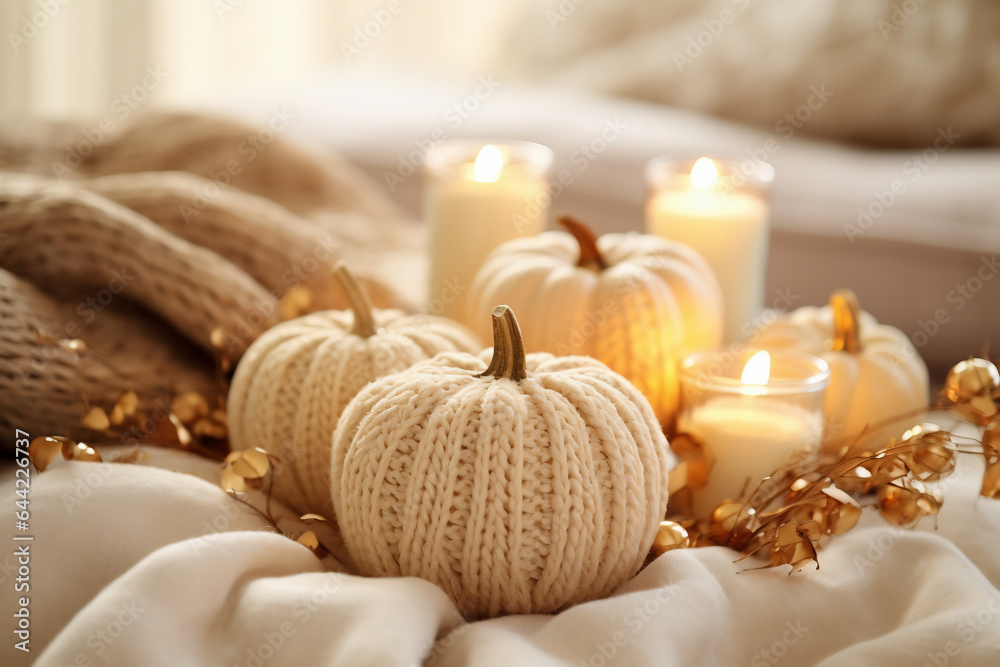 Knitted craft pumpkins with candles. Cozy home craft DIY decor for autumn fall season. AI Generative