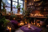 A warm space adorned with candles, crystals, herbs, and plants. Centers on holistic wellness, natural remedies, and mysticism through aromatherapy and incense. Generative AI