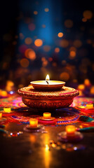 Candle light and bokeh celebrate Indian Holiday Diwali. AI Generative.