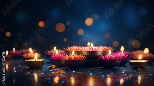 Candle light and bokeh background celebrate Indian Holiday Diwali. AI Generative photo