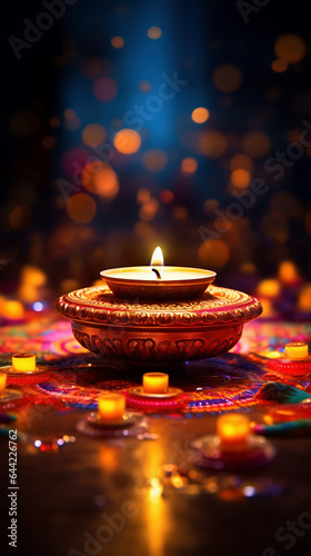 Candle light and bokeh celebrate Indian Holiday Diwali. AI Generative.