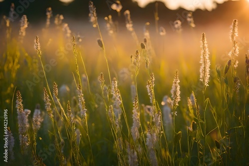 Meadow grass and wildflowers at dawn 