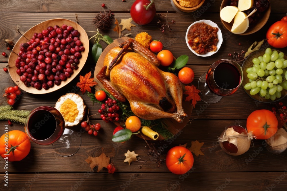 Thanksgiving dinner with chicken, cranberry sauce, top view Thanksgiving dinner with chicken, cranberry sauce, top view