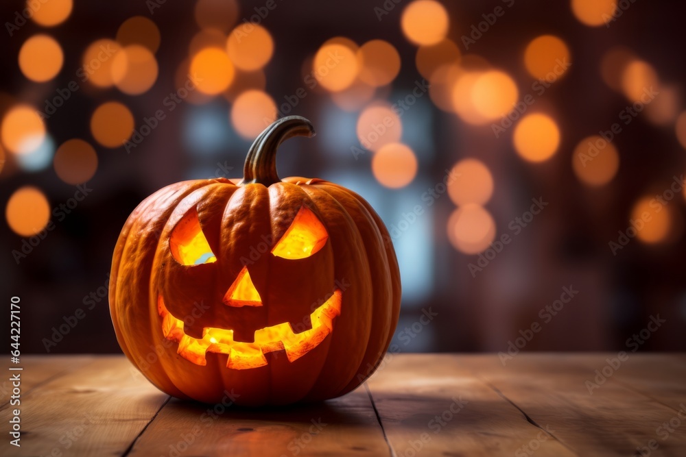 a halloween decorative pumpkin lantern with eyes and mouth at night