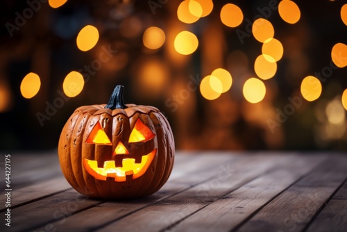 a halloween decorative pumpkin lantern with eyes and mouth at night