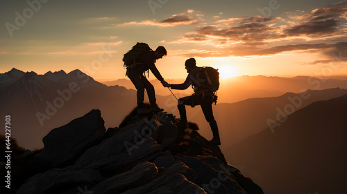 Climbers reaching the peak of a mountain - Teamwork -  High Resolution