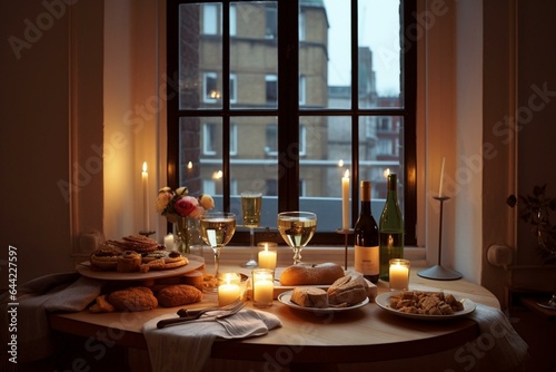 A table with food and wine, in front of a window with lit candles on the windowsill and another table with food. Generative AI