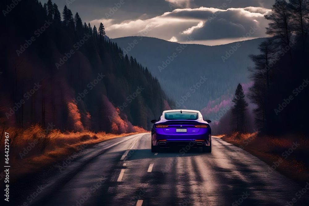 Violet Sunset  a car's rear view as it travels down a highway through a forest with a mountain on a dreary day  