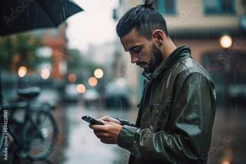 shot of a young man texting on his cellphone in the rain