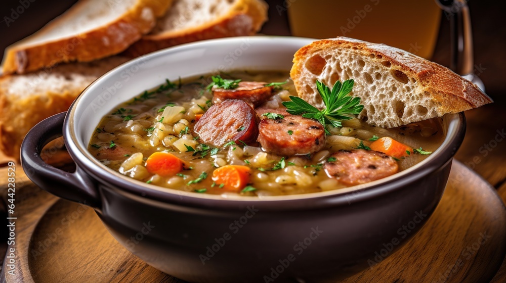 Sausage and Lentil Soup - A hearty soup made with sausage, lentils, and vegetables like carrots and celery, often flavored with herbs like thyme and rosemary. Sausage and Lentil Soup - A hearty soup made with sausage, lentils, and vegetables like carrots and celery, often flavored with herbs like thyme and rosemary.