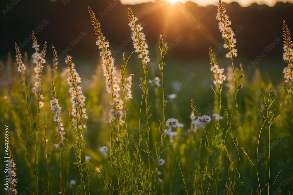 Meadow grass and wildflowers at dawn  