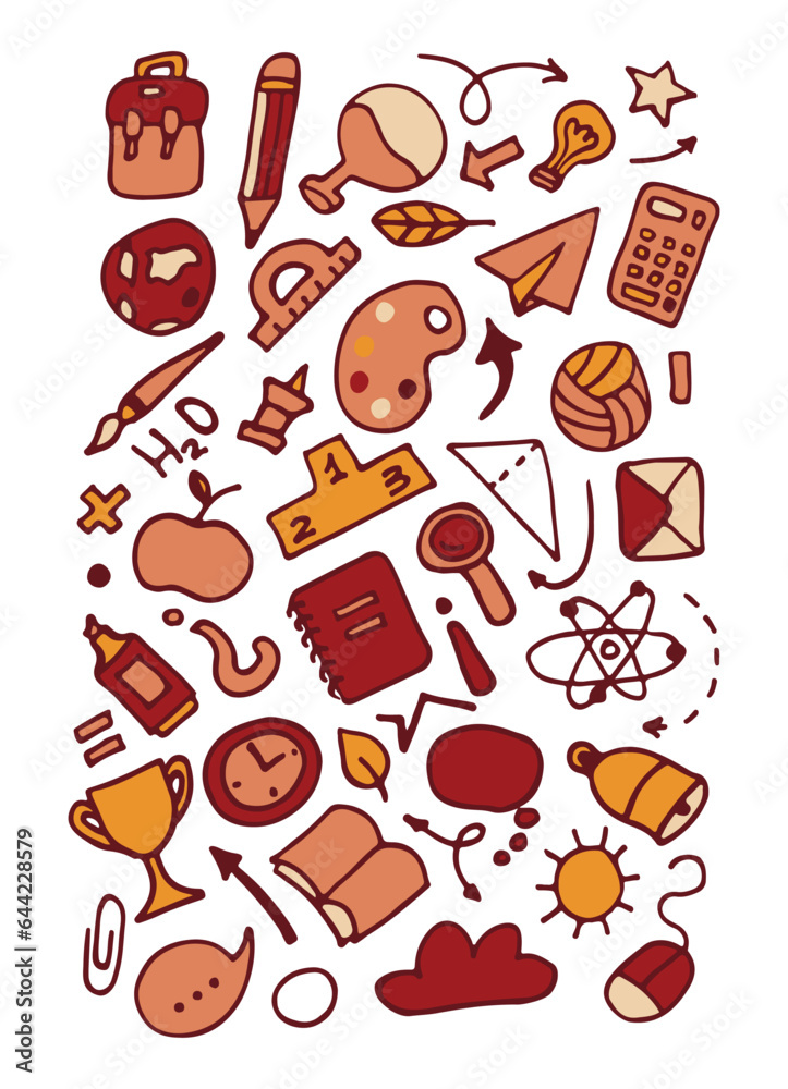 Back to school vector set of bright elements. Educational clipart. School supplies. Cute flat style classroom objects. Ready for school stuff. Back to school. Vector illustration