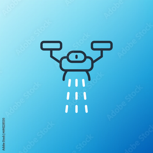 Line Smart farm with drone control for seed planting icon isolated on blue background. Innovation technology for agricultural company. Colorful outline concept. Vector