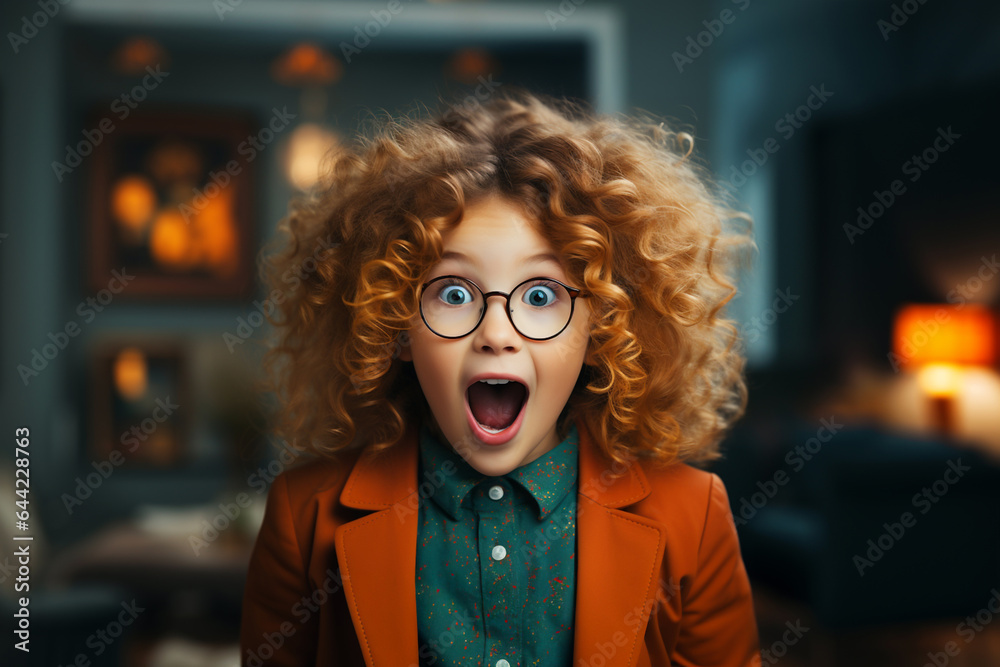 Shocked surprised elementary school kid girl in glasses looking at camera, sitting with living room or office background. Horisonal promo offer banner, adverts. Excited, shock, omg wow expression Shocked surprised elementary school kid girl in glasses looking at camera, sitting with living room or office background. Horisonal promo offer banner, adverts. Excited, shock, omg wow expression