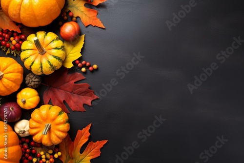Thanksgiving-themed flatlay with leaves, pumpkins, and fruits. Empty space for text. Generative AI