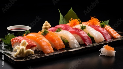 a beautifully plated sushi platter, with an assortment of nigiri, sashimi, and pickled ginger