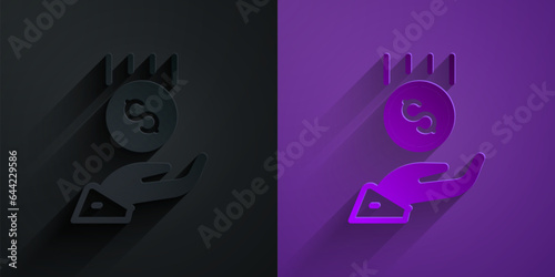 Paper cut Coins on hand - minimal wage icon isolated on black on purple background. Paper art style. Vector