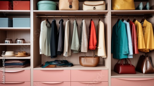 a close-up image of a well-organized walk-in closet with custom shelving, ample storage, and a tasteful color palette
