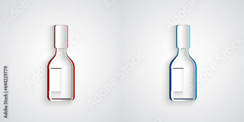 Paper cut Tabasco sauce icon isolated on grey background. Chili cayenne spicy pepper sauce. Paper art style. Vector