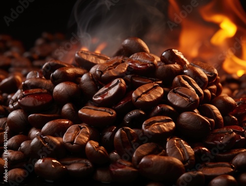 Roasted coffee beans on a wooden table with flames in the background