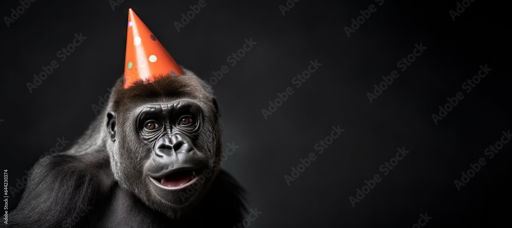 Party Animal Extravaganza: Big Gorilla in Birthday Hat Celebrates in Style. Party Animal Extravaganza: Big Gorilla in Birthday Hat Celebrates in Style.