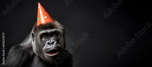 Party Animal Extravaganza: Big Gorilla in Birthday Hat Celebrates in Style. 