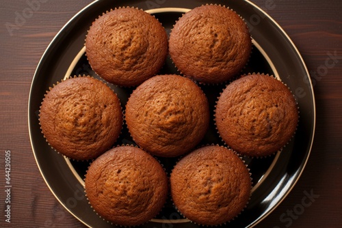 Top-down view of bran muffins arranged neatly on a surface. Generative AI