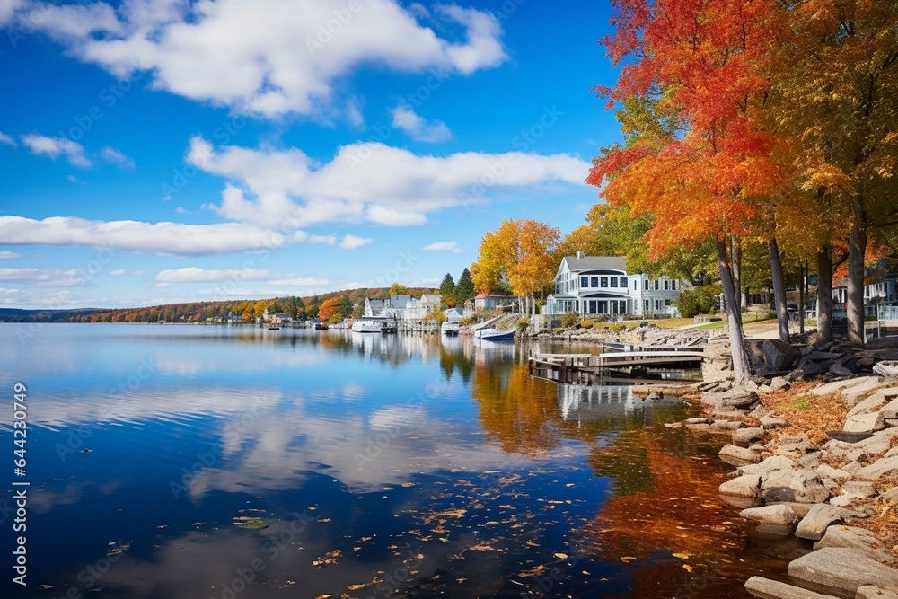 Fall view of Meredith Bay on Lake Winnipesaukee in the historic town of Meredith, New Hampshire, USA. Generative AI