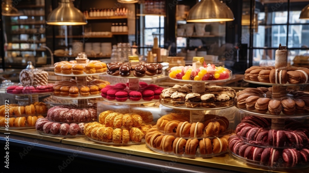 a French pastry shop, with a display of éclairs, croissants, and colorful macarons