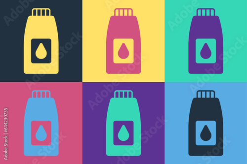 Pop art Canister for motor machine oil icon isolated on color background. Oil gallon. Oil change service and repair. Vector
