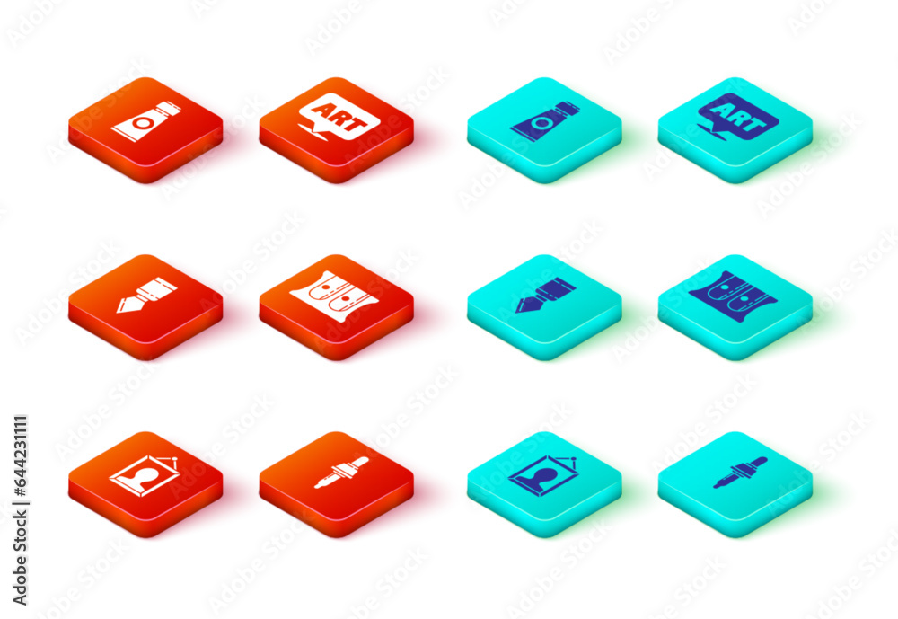 Set Picture, Pipette, Palette knife, Pencil sharpener, Speech bubble with text art and Tube paint palette icon. Vector Set Picture, Pipette, Palette knife, Pencil sharpener, Speech bubble with text art and Tube paint palette icon. Vector
