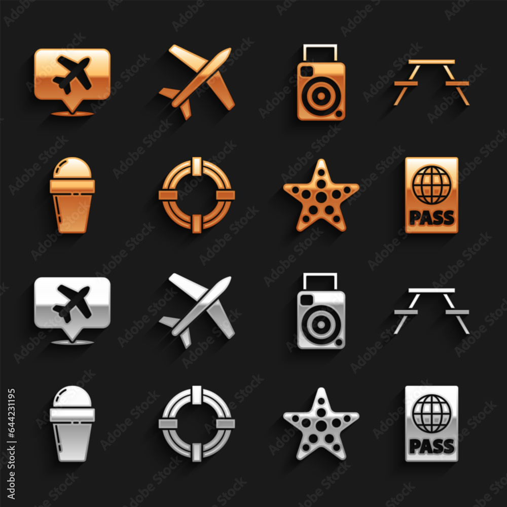 Set Lifebuoy, Picnic table with benches, Passport, Starfish, Ice cream in waffle cone, Photo camera, Speech bubble airplane and Plane icon. Vector Set Lifebuoy, Picnic table with benches, Passport, Starfish, Ice cream in waffle cone, Photo camera, Speech bubble airplane and Plane icon. Vector