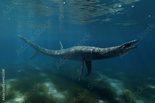 A CGI representation of a long-necked elasmosaurus swimming in shallow waters during the cretaceous era. Generative AI