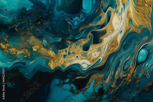Elegant fluid art with swirling teal, blue, and gold. Luxurious banner. Generative AI