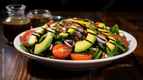 a gourmet salad, with mixed greens, cherry tomatoes, avocado slices, and a drizzle of balsamic vinaigrette © Muhammad