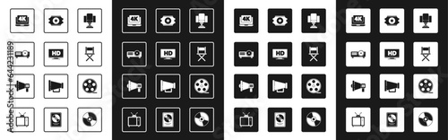 Set Director movie chair, Smart display with HD video, Movie, film, media projector, Laptop 4k, Cinema ticket, Film reel and Megaphone icon. Vector