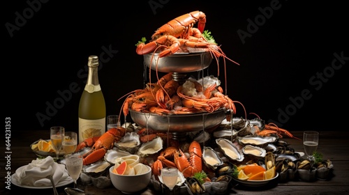 a gourmet seafood tower, with oysters, crab legs, shrimp, and a champagne flute