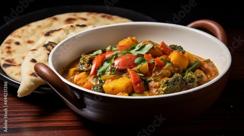 a gourmet vegetarian curry, with a medley of roasted vegetables, aromatic spices, and naan bread