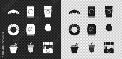 Set Croissant, Soda can with straw, Coffee cup to go, Asian noodles and chopsticks, Grilled shish kebab, Street stall awning, Donut and Bag or packet potato chips icon. Vector